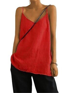 Women's Red Camisole Tank Tops Causal V-Neck Sleeveless Tops Summer loose fit